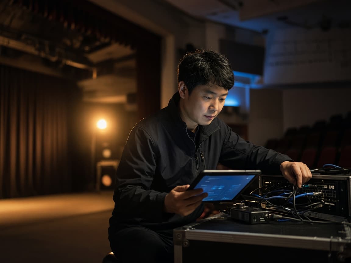 현장에서 조명 제어 장비와 배선을 점검하는 전문가